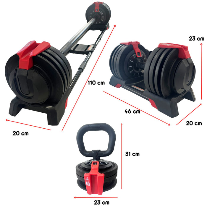 KIT MULTIFUNCION AJUSTABLE 3 EN 1 BARRA MANCUERNA Y KETTLEBELL 24KG